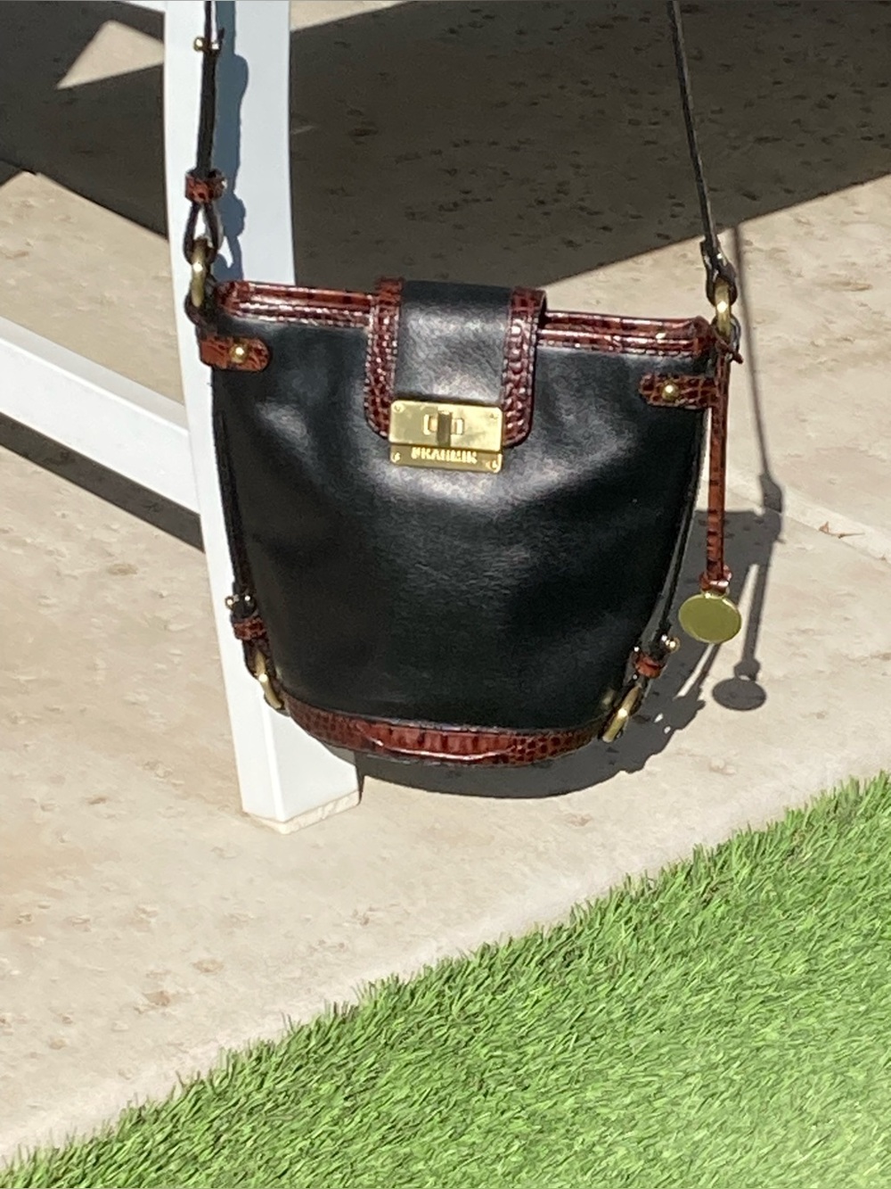 Brahmin Black Leather Crossbody with Brown Croc-Trim